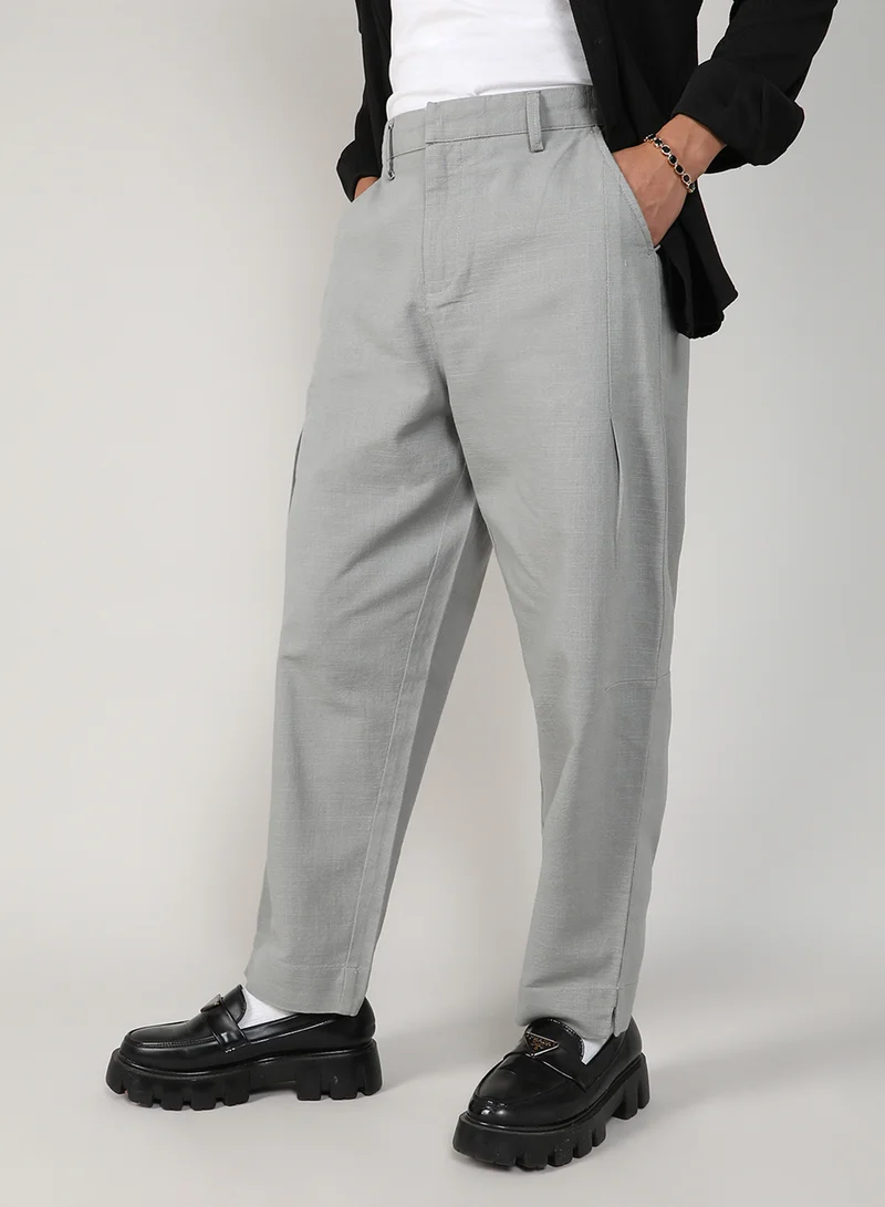 CAHOOT  Men's Moon Grey  Tailored Linen-Blend Trousers For Casual Wear | Tailored Fit | 4 Pockets | Hook Closure | Trousers Crafted With Comfort Fit For Everyday Wear for Men | Best Price UAE